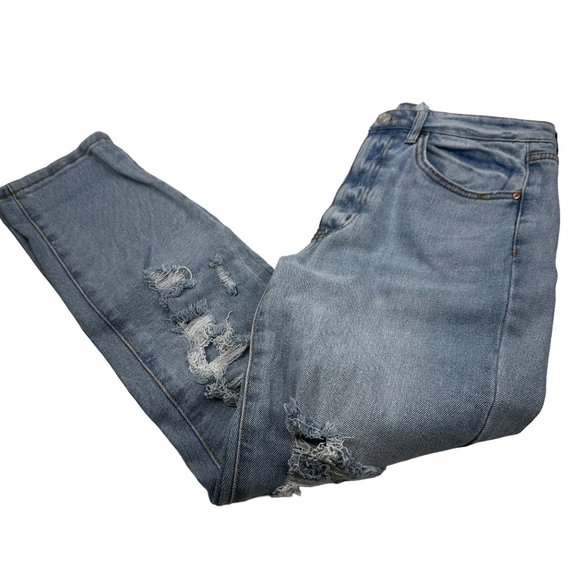No Boundaries Women's Size 9 Straight Leg Distressed Med Wash Jean Blue Preowned - Picture 1 of 16
